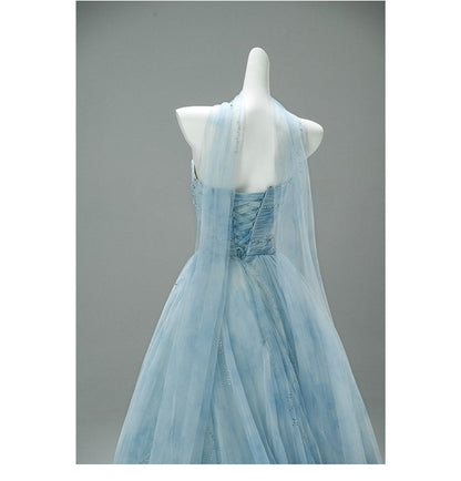 Gorgeous Strapless Blue A-Line Tulle Evening Dress Sparkling Beaded Long Prom Dresses ED02059