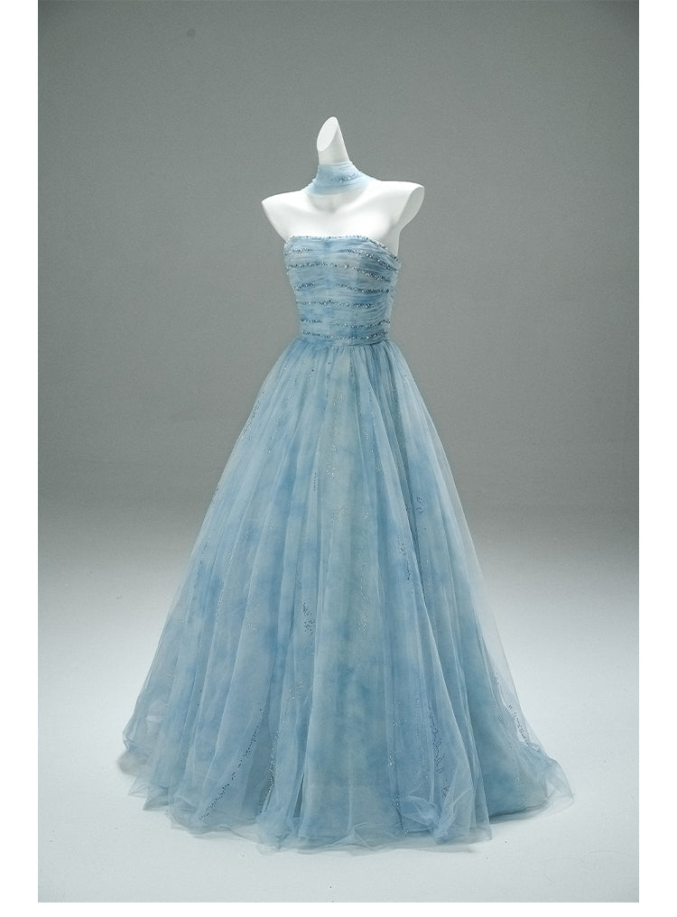 Gorgeous Strapless Blue A-Line Tulle Evening Dress Sparkling Beaded Long Prom Dresses ED02059