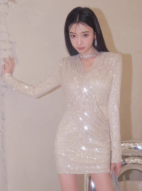 French style sequined short skirt V-neck long sleeve dress ED0206