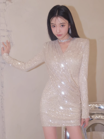 French style sequined short skirt V-neck long sleeve dress ED0206