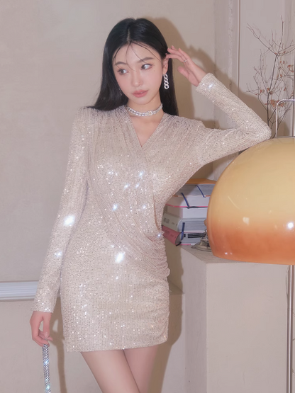 French style sequined short skirt V-neck long sleeve dress ED0206