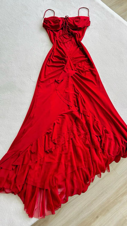 Elegant Red A-Line Spaghetti Straps Chiffon Party Dresses Vintage Lace Applique Prom Dresses ED02060