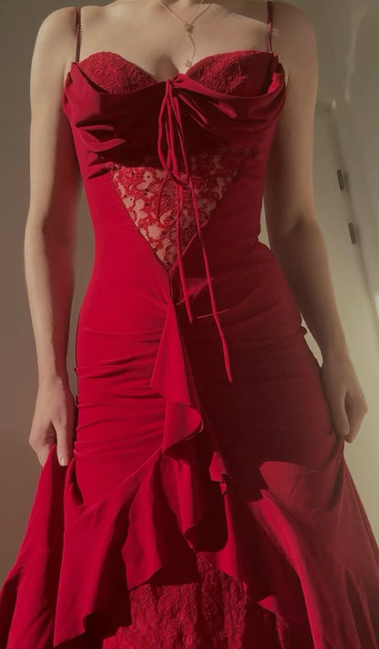 Elegant Red A-Line Spaghetti Straps Chiffon Party Dresses Vintage Lace Applique Prom Dresses ED02060