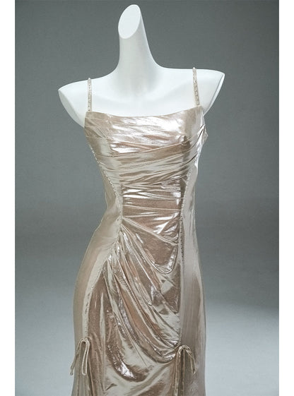 Unique Champagne Spaghetti Strap Mermaid Shining Long Evening Dress Elegant Prom Dress ED02062