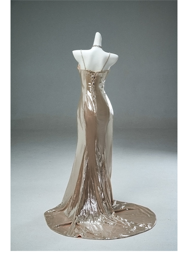 Unique Champagne Spaghetti Strap Mermaid Shining Long Evening Dress Elegant Prom Dress ED02062