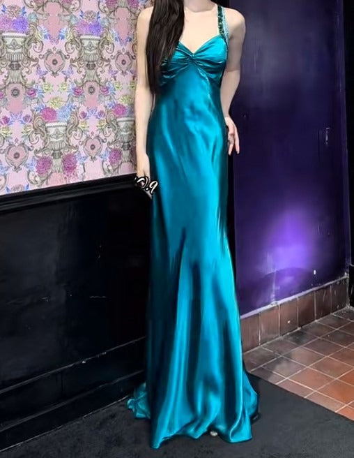 Elegant Teal Spaghetti Straps Satin Sheath Backless Retro Long Party Dress ED02064