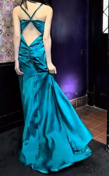 Elegant Teal Spaghetti Straps Satin Sheath Backless Retro Long Party Dress ED02064