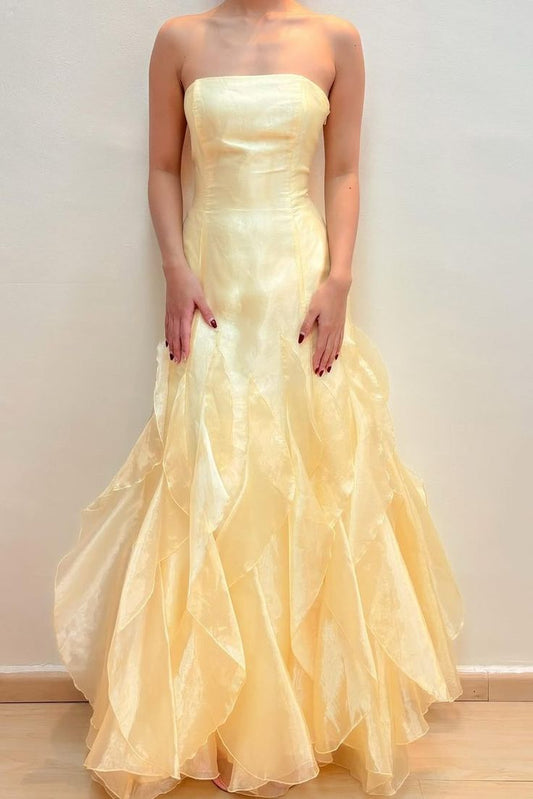 Chic Yellow Strapless Chiffon Mermaid Backless Evening Dresses ED02066