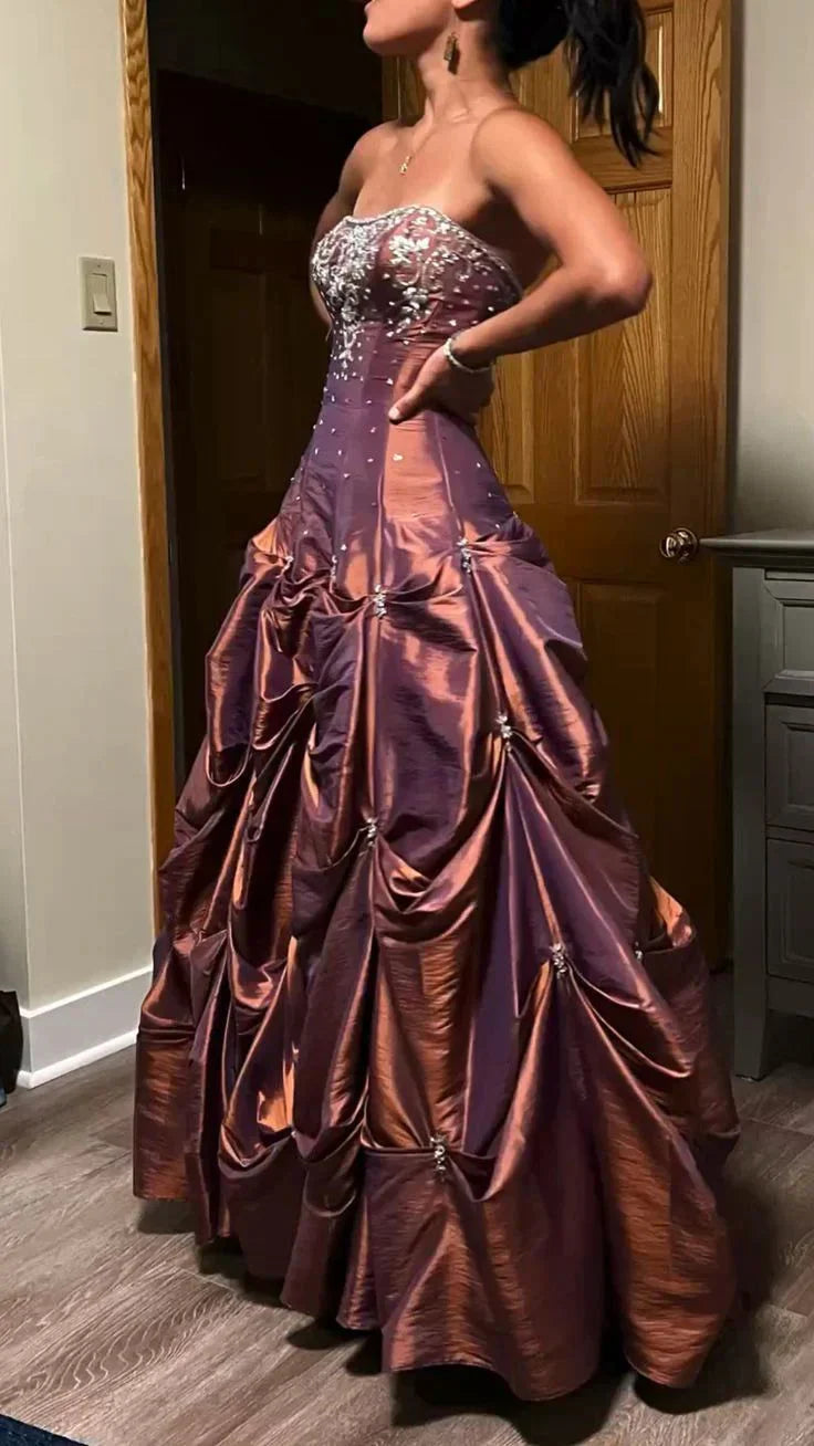 Elegant Red Brown Strapless A-Line Satin Beaded Long Prom Dresses ED02067