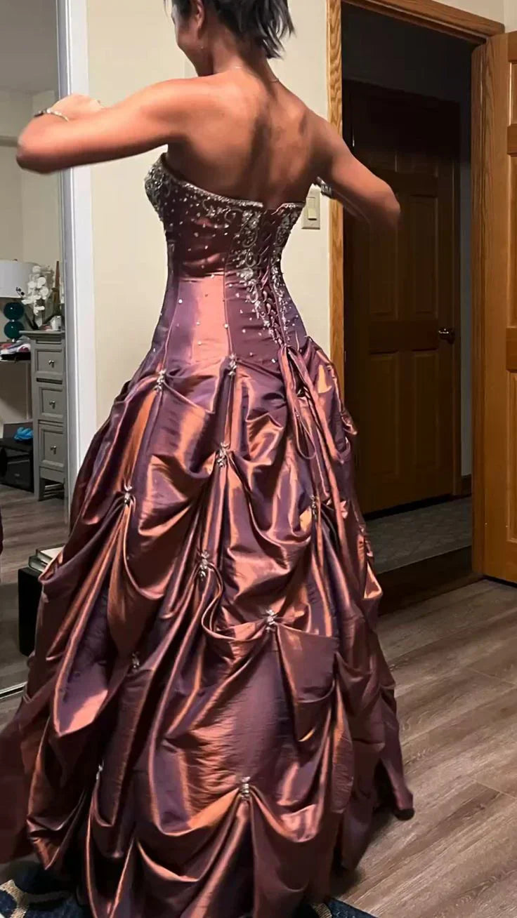 Elegant Red Brown Strapless A-Line Satin Beaded Long Prom Dresses ED02067