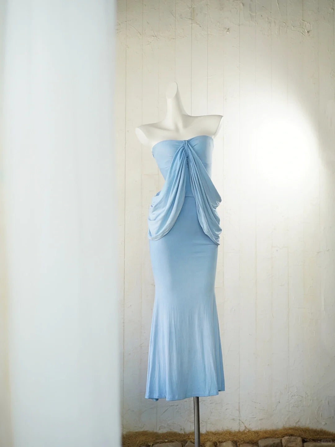 Elegant Light Blue Strapless Party Dress Simple Mermaid Evening Dress ED02070