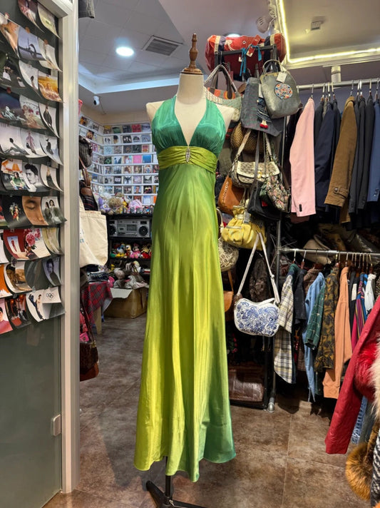 Vintage Gradient Green V-Neck Satin Backless Long Party Dresses ED02071