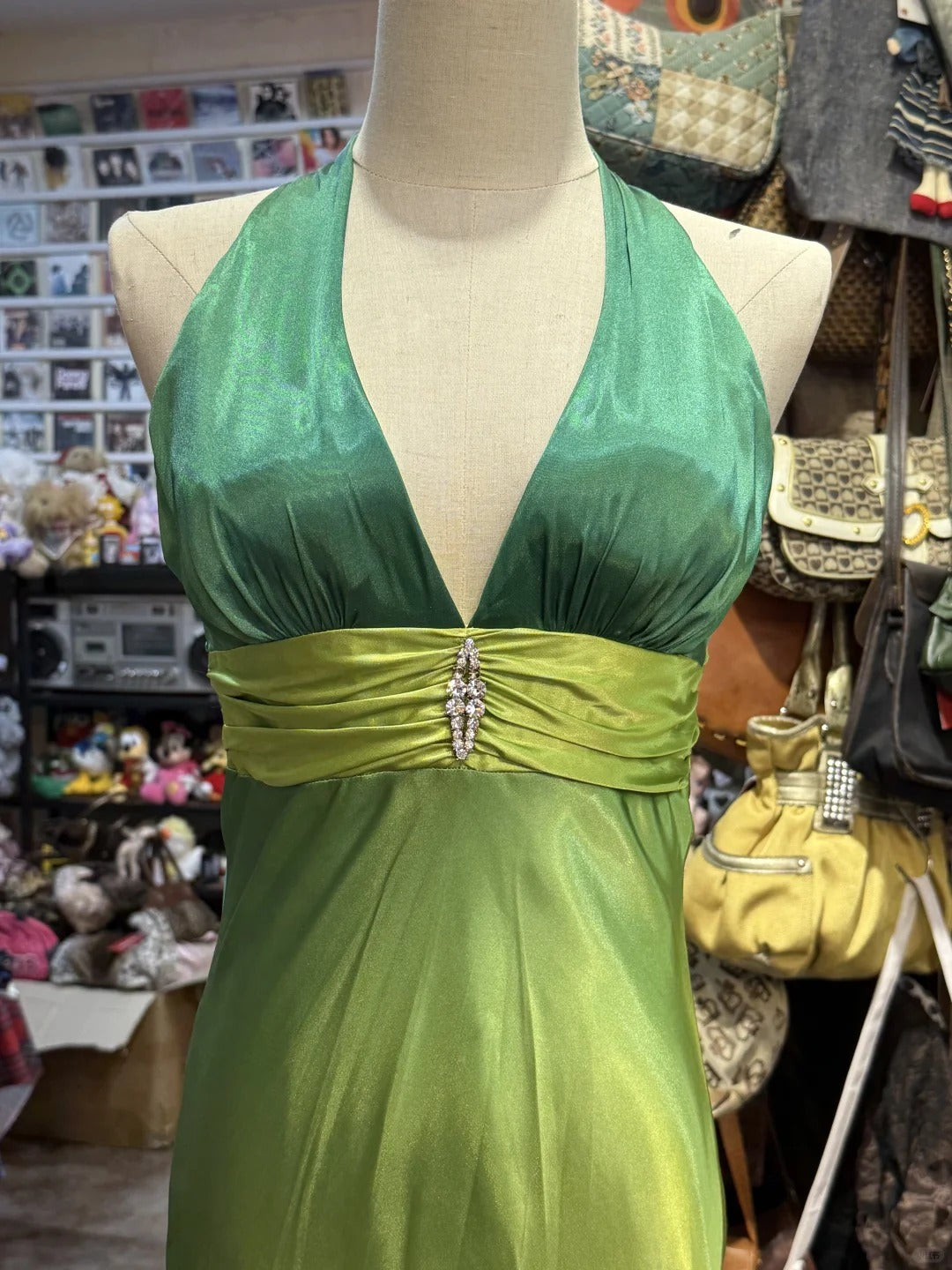 Vintage Gradient Green V-Neck Satin Backless Long Party Dresses ED02071