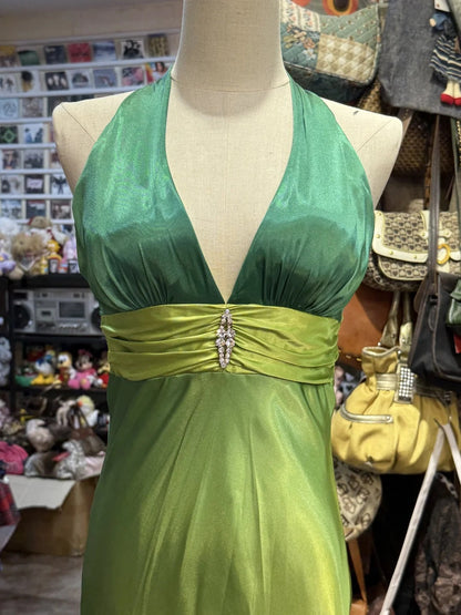 Vintage Gradient Green V-Neck Satin Backless Long Party Dresses ED02071