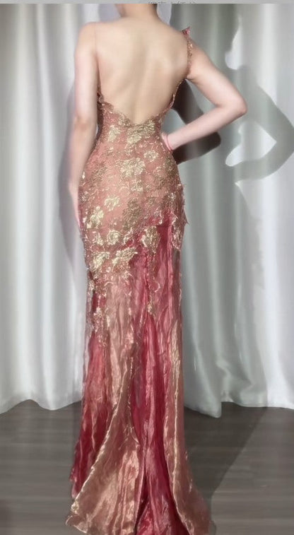 Elegant Gold Lace Applique Bodycon Pink Tulle Long Prom Dresses Vintage Formal Evening Dress ED02072