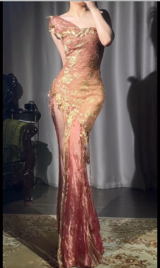 Elegant Gold Lace Applique Bodycon Pink Tulle Long Prom Dresses Vintage Formal Evening Dress ED02072