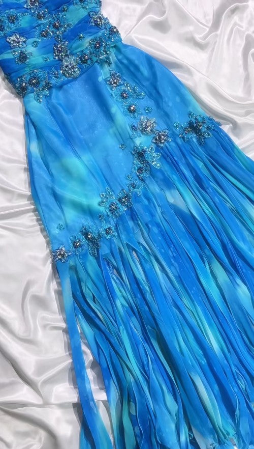 Vintage Blue Spaghetti Straps A-Line Chiffon Beaded Party Dresses Homecoming Dress ED02076