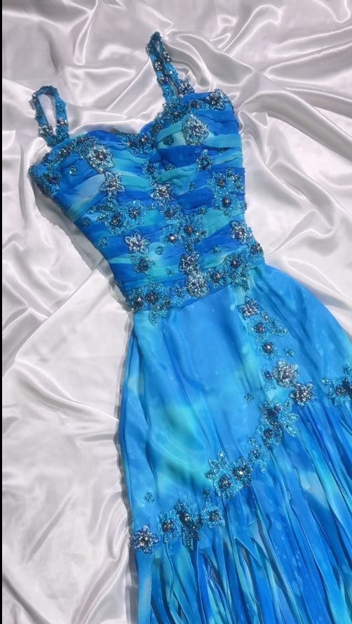 Vintage Blue Spaghetti Straps A-Line Chiffon Beaded Party Dresses Homecoming Dress ED02076