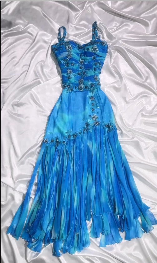 Vintage Blue Spaghetti Straps A-Line Chiffon Beaded Party Dresses Homecoming Dress ED02076
