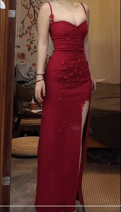 Elegant Red Spaghetti Strap Satin Bodycon Long Prom Dresses Evening Dresses with Slit ED02077
