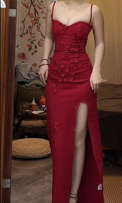 Elegant Red Spaghetti Strap Satin Bodycon Long Prom Dresses Evening Dresses with Slit ED02077