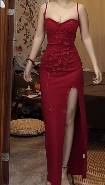 Elegant Red Spaghetti Strap Satin Bodycon Long Prom Dresses Evening Dresses with Slit ED02077
