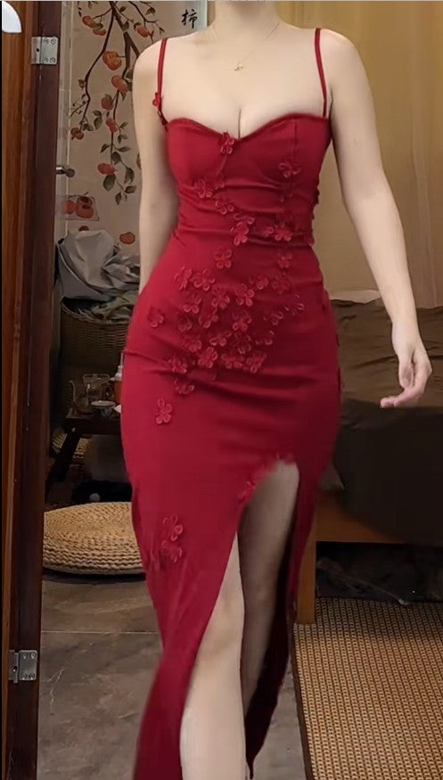Elegant Red Spaghetti Strap Satin Bodycon Long Prom Dresses Evening Dresses with Slit ED02077