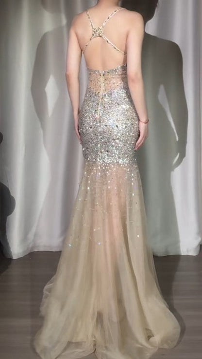 Sexy Spaghetti Straps Glitter Sequin Mermaid Elegant Formal Evening Dress Tulle V-Neck Backless Long Prom Dresses ED02079