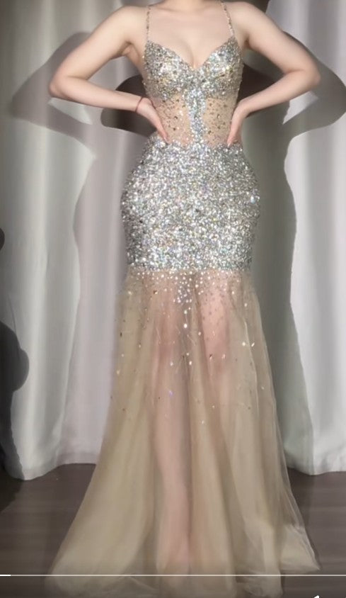 Sexy Spaghetti Straps Glitter Sequin Mermaid Elegant Formal Evening Dress Tulle V-Neck Backless Long Prom Dresses ED02079