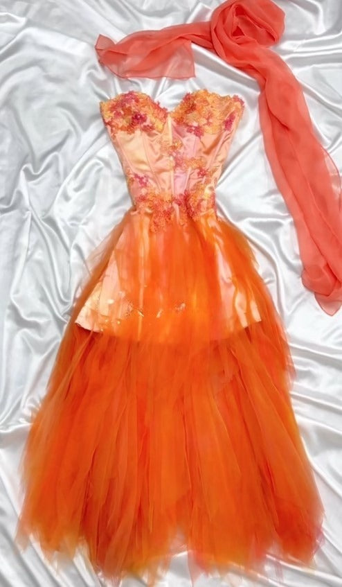 Vintage Orange Strapless Short Sweetheart Neck Tulle A-Line Short Prom Evening Dress Homecoming Dress ED02080