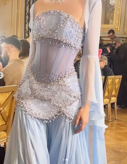 Glam Purple Sheath Tulle Beaded Sleeves  Long Prom Dresses ED02081