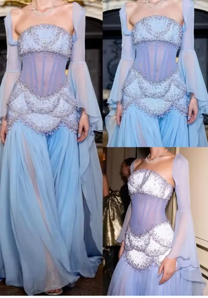 Glam Purple Sheath Tulle Beaded Sleeves  Long Prom Dresses ED02081