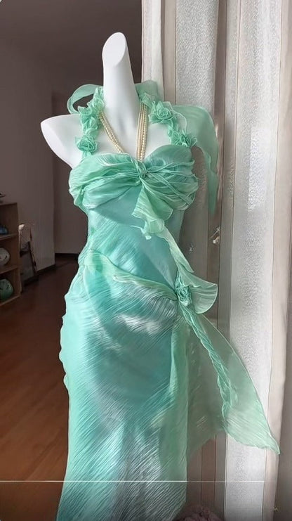 Gorgeous Green Chiffon Satin Sheath Party Dresses Halter Neck 3D Applique Cocktail Dress ED02084