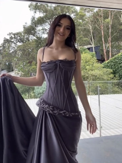 Elegant Dark Gray Purple Spaghetti Straps Sheath Satin Evening Dress Long Prom Dresses ED02086