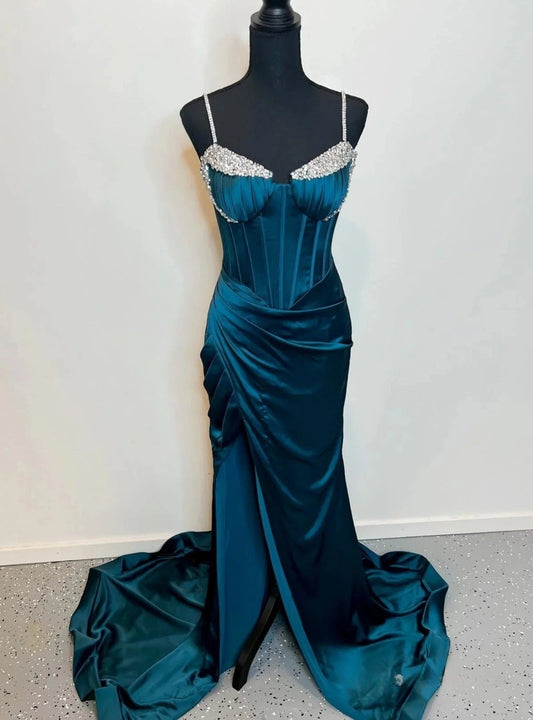 Gorgeous Dark Teal Spaghetti Strap Mermaid Satin Beaded Formal Evening Dress  Long Prom Dresses ED02087