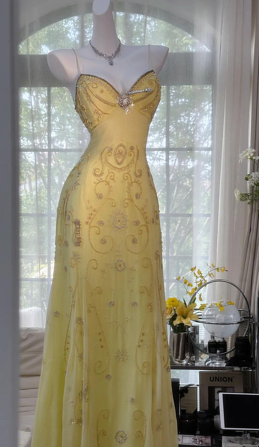 Gorgeous Butter Yellow Spaghetti Straps A-line Tulle Beaded Long Prom Dresses Backless Evening GownsED02094