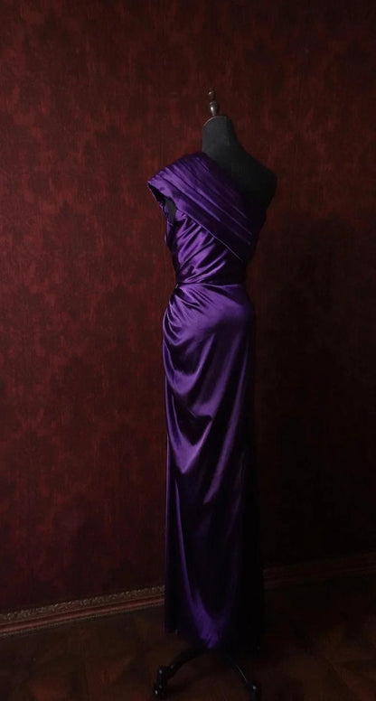 Elegant Dark Purple One Shoulder Satin Sheath Simple Evening Dresses ED02095