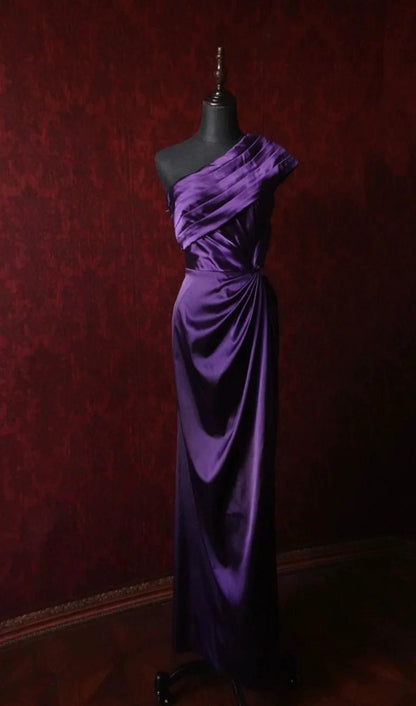 Elegant Dark Purple One Shoulder Satin Sheath Simple Evening Dresses ED02095