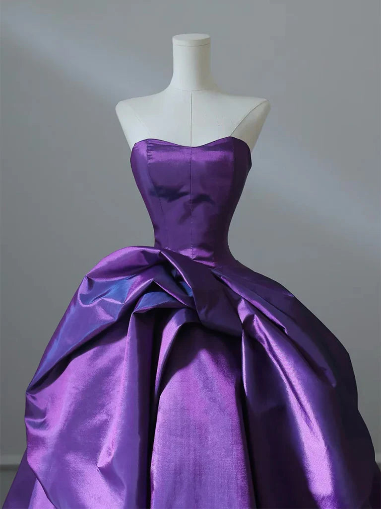 A-Line Satin Purple Long Prom Dress💜 Sweetheart Evening Gown for Special Ocassion ED021