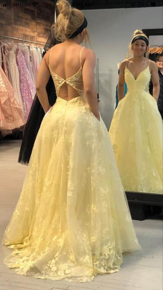 Gorgeous Yellow Spaghetti Straps Tulle Lace Applique A-Line Wedding Dress Formal Evening Dress ED02100