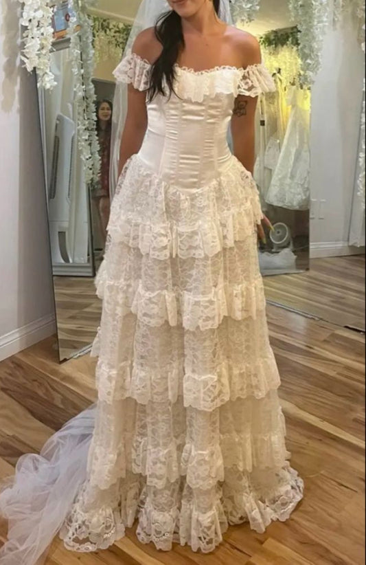Elegant White Off Shoulder Tulle Lace A-line Wedding Dress ED02101
