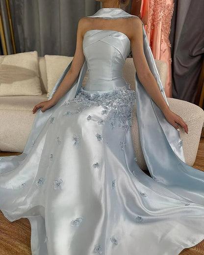 Elegant Gray Blue Satin A-Line Strapless Wedding Dress Formal Evening Dress ED02104