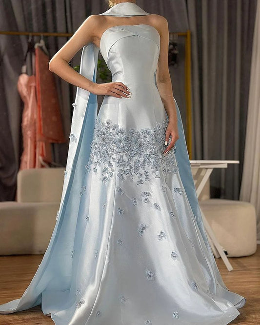Elegant Gray Blue Satin A-Line Strapless Wedding Dress Formal Evening Dress ED02104