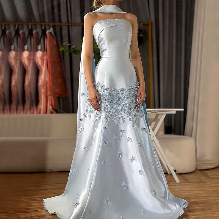 Elegant Gray Blue Satin A-Line Strapless Wedding Dress Formal Evening Dress ED02104