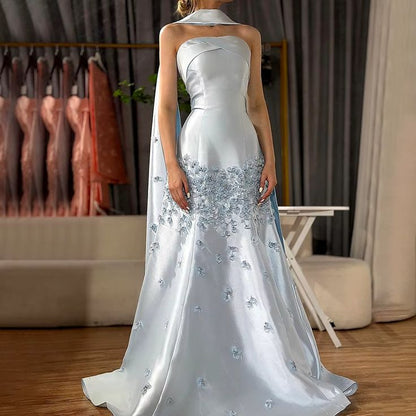 Elegant Gray Blue Satin A-Line Strapless Wedding Dress Formal Evening Dress ED02104