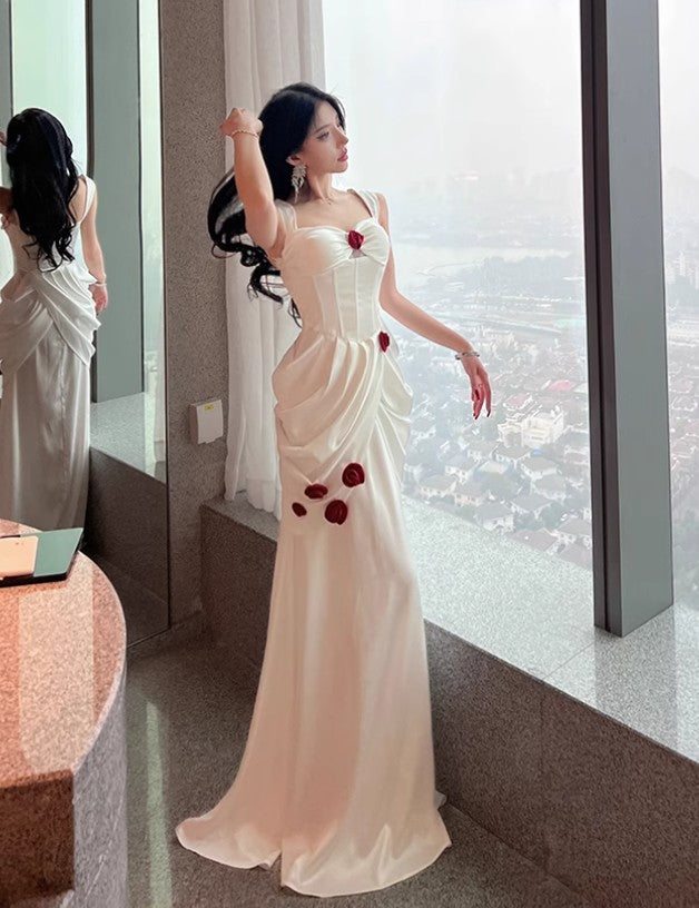 Elegant White Satin Mermaid Off-the-shoulder Long Prom Dresses Simple Formal Evening Dresses ED02105