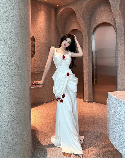 Elegant White Satin Mermaid Off-the-shoulder Long Prom Dresses Simple Formal Evening Dresses ED02105