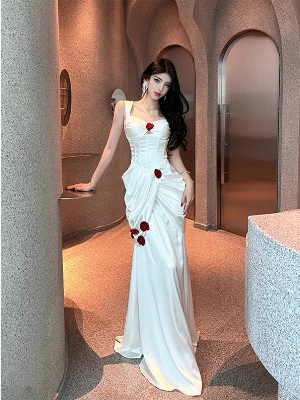 Elegant White Satin Mermaid Off-the-shoulder Long Prom Dresses Simple Formal Evening Dresses ED02105