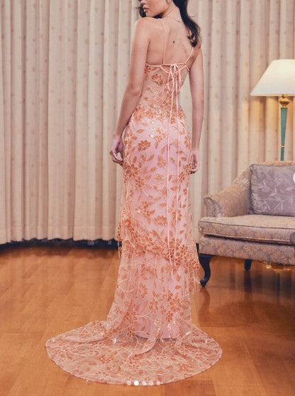 Gorgeous Lace Beaded Spaghetti Straps Tulle Sheath Long Prom Dress Charming Evening Party Dress ED02106