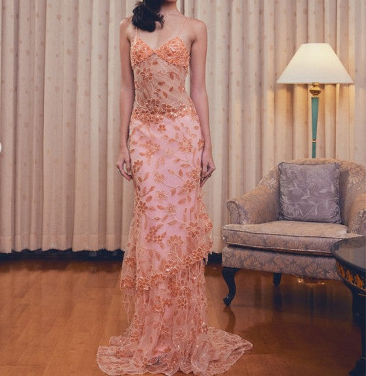 Gorgeous Lace Beaded Spaghetti Straps Tulle Sheath Long Prom Dress Charming Evening Party Dress ED02106